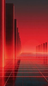 Neon lit futuristic cityscape with sleek skyscrapers and vibrant red glow