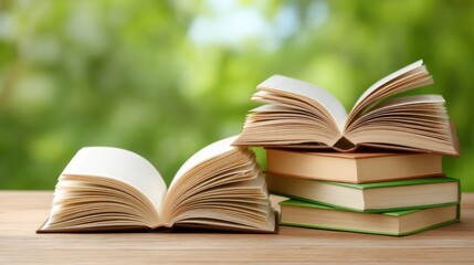 Naklejka premium Open books lay on a light wooden table, inviting readers to explore their content. Sunlight filters through lush greenery, creating a peaceful atmosphere for reading