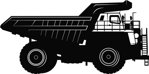 Mining dump truck silhouette illustration, heavy construction vehicle equipment, industrial transport machine, black and white vector design for engineering, mining, logistics concepts © MstMuktarinaAkter
