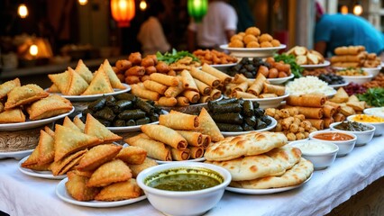Fototapeta premium Bountiful market display of diverse Middle Eastern street food appetizers