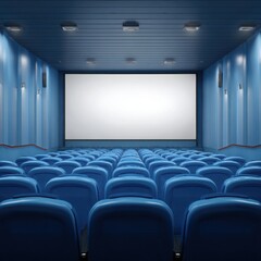 Fototapeta premium A dimly lit movie theater with rows of blue seats facing a large white projection screen