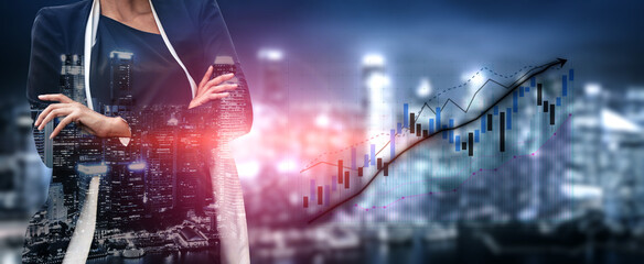 A confident businesswoman stands in front of a vibrant city skyline, symbolizing financial growth and innovation with digital graphs depicting market progress. Impute © InfiniteFlow