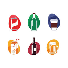 Collection of Beverage Icons: Soda Can, Juice Box, Beer Mug, Wine Bottle, Coffee Cup, Water Bottle