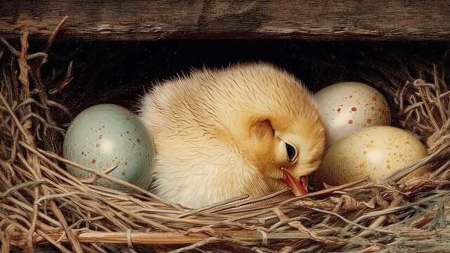 Baby Chick Hatching from Eggs in Nest.