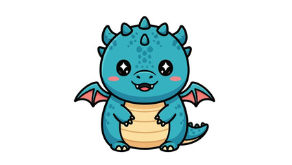 Obraz premium Cute Blue Baby Dragon Cartoon Character with Wings and Spikes