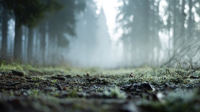 Forest ground with frosty moss and green plants, low angle view of a misty path disappearing into blurred trees. Tranquil and serene nature scene.