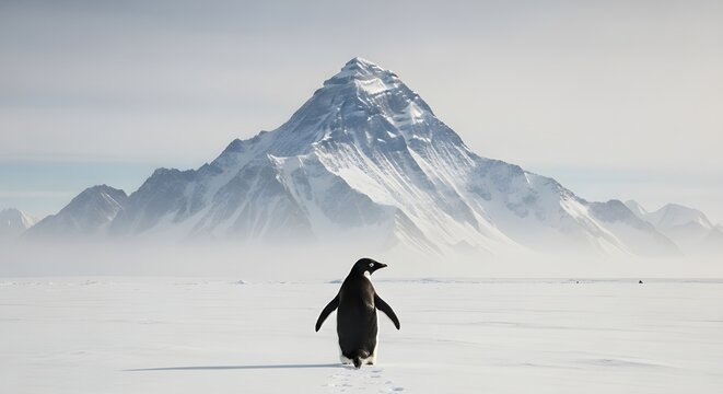 A penguin walks alone toward distant mountains, representing an existential march into the unknown.