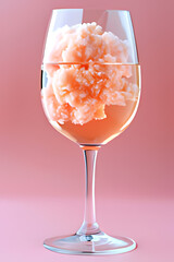 A fluffy pink cloud floating inside a wine glass. Minimal and surreal concept blending texture and elegance on a pastel backdrop.