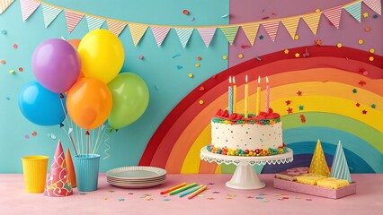 Colorful birthday celebration with cake, balloons, and rainbow decorations