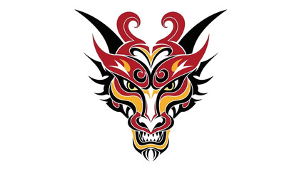 Naklejka premium Fierce Dragon Head Mascot, Traditional Asian Art, Tribal Tattoo Style, Red and Gold
