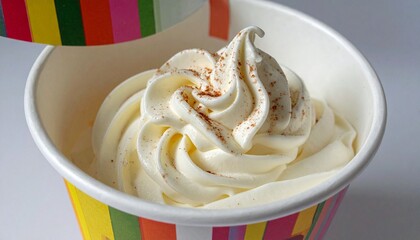 Creamy vanilla soft-serve ice cream swirl topped with cinnamon powder in striped colorful cup, vibrant dessert presentation highlighting texture, sweetness, and playful summer treat appeal.
