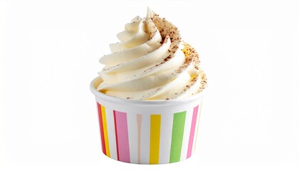 Creamy vanilla soft-serve ice cream swirl topped with cinnamon powder in striped colorful cup, vibrant dessert presentation highlighting texture, sweetness, and playful summer treat appeal.