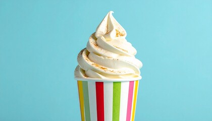 Creamy vanilla soft-serve ice cream swirl topped with cinnamon powder in striped colorful cup, vibrant dessert presentation highlighting texture, sweetness, and playful summer treat appeal.