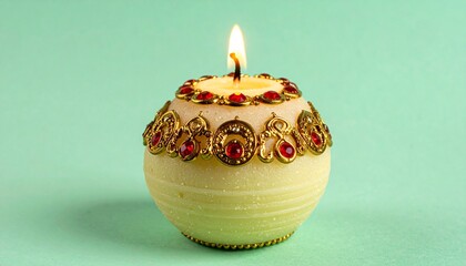 Spherical decorative candle with gold band and red gemstones, lit flame casting warm glow against blue background, symbolizing festive elegance, cultural celebration, and ceremonial artistry.