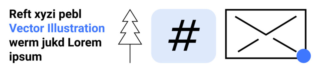 Obraz premium Tree outline, metadata tag in blue square, envelope with notification dot. Ideal for communication, design, interface, email, networking, branding simple landing page