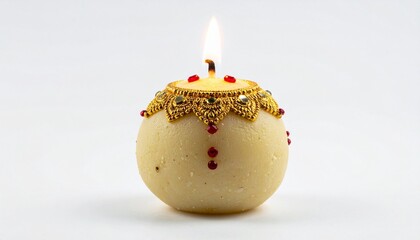 Spherical decorative candle with gold band and red gemstones, lit flame casting warm glow against blue background, symbolizing festive elegance, cultural celebration, and ceremonial artistry.