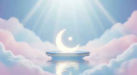 A serene moonlit lake surrounded by fluffy clouds under a radiant sky