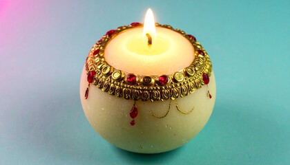 Spherical decorative candle with gold band and red gemstones, lit flame casting warm glow against blue background, symbolizing festive elegance, cultural celebration, and ceremonial artistry.
