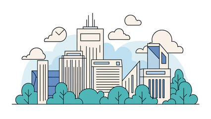 Obraz premium Modern Cityscape Illustration with Greenery and Clouds