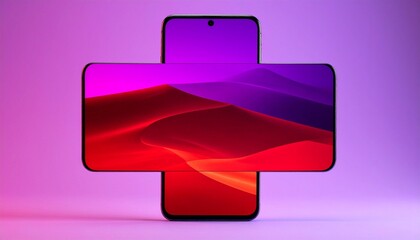 Sleek modern smartphone with thin bezel, vibrant abstract red and purple wave display, dramatic gradient lighting, stylish design showcasing contemporary mobile technology and digital aesthetics.
