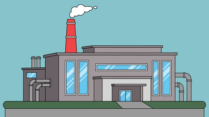Fototapeta premium Modern Factory Building with Smoking Chimney and Industrial Pipes