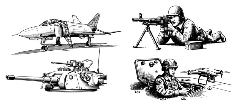 Military set featuring fighter jet tank turret and soldiers with weapons in vintage sketch style