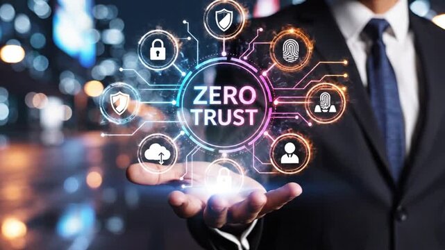Zero trust network security concept illustrated by futuristic infographic and businessman holding digital interface in business district at night footage