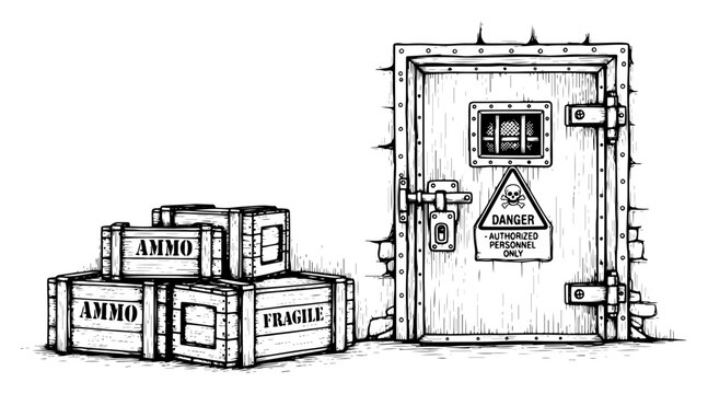 Wooden ammo crates stacked near reinforced bunker door with danger sign in sketch style