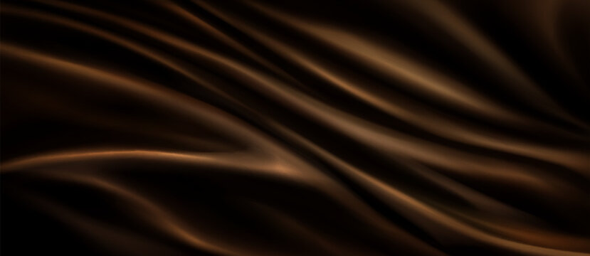 Brown silk fabric texture with smooth waves. Vector realistic illustration of luxury satin cloth, abstract curtain drapery background, chocolate brown premium material with silky gradient, draped flag
