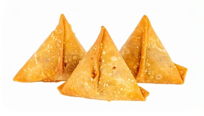 Three golden-brown triangular samosas arranged in a row on clean white background, crispy fried pastry shells showcasing savory filling, cultural cuisine, and traditional South Asian food delight.