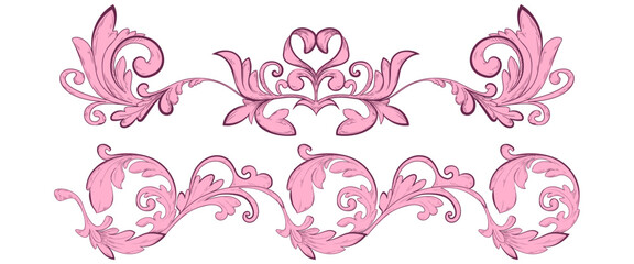 Pink baroque frame ornaments set isolated on white background. Vector illustration of classical vintage floral border elements with scrolls and leaves, filigree vine swirls, line art decoration © klyaksun