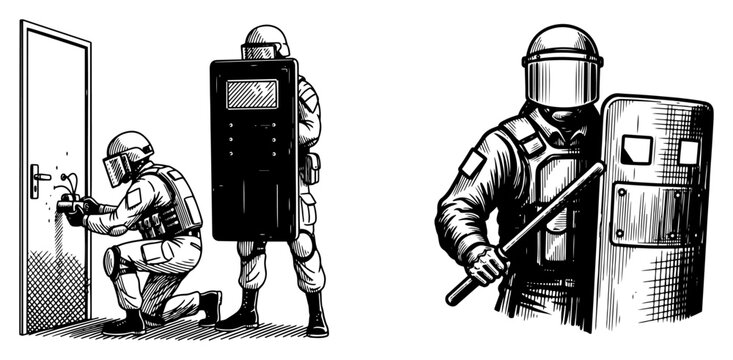 Tactical police team breaching door and riot officer with shield