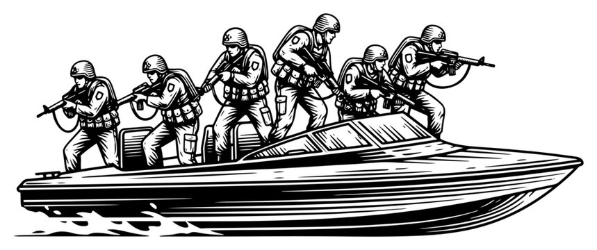 Special forces soldiers patrolling on a speedboat with rifles