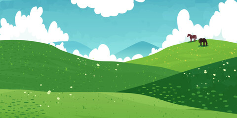Obraz premium Green mountain valley or meadow, rolling hills with two horses, vector illustration. Natural spring landscape backgrounds with grass fields, farm animals and blue sky with white clouds