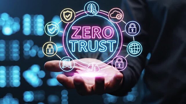 Dynamic zero trust security concept graphic display with interconnected icons showcasing digital protection data network safety and digital innovation motion graphics