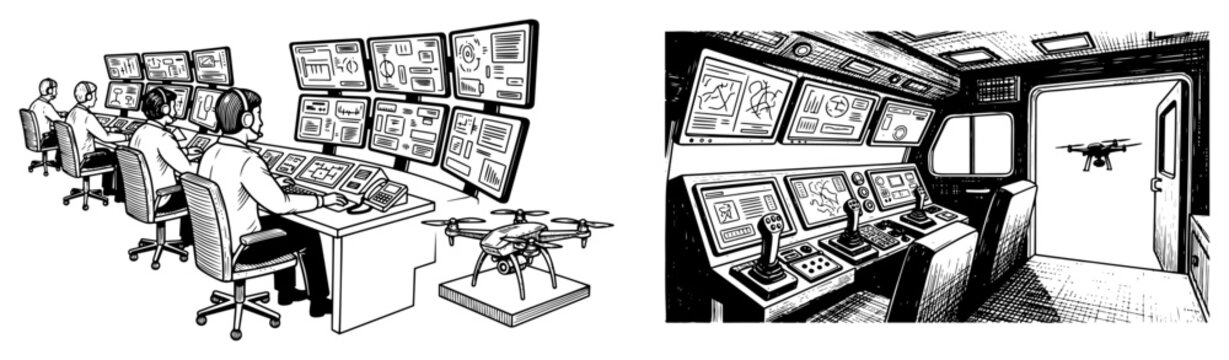 Military drone command center with operators and multiple screens in sketch style