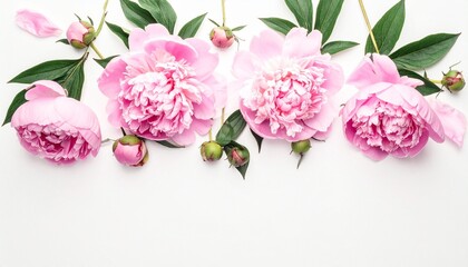 Row of lush pink peonies with layered petals, green leaves, and buds arranged horizontally on clean white background, showcasing natural beauty, floral elegance, and vibrant botanical design.