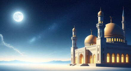 Majestic mosque illuminated under the moon with minarets and domes