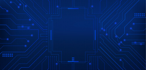 Obraz premium Hi tech circuit board frame with glowing blue lines and futuristic digital patterns, vector realistic illustration. High tech abstract electronic backdrop with square border and neon light