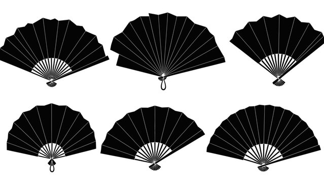 Set of Black Japanese Folding Fans, Traditional Asian Handheld Fans, Isolated on White Background