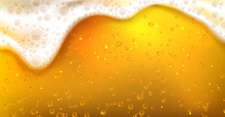Obraz premium Golden beer with bubbles and foam closeup view, realistic lager texture with rising air bubbles. Vector illustration of fresh carbonated amber color drink