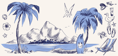 Obraz premium Vintage sketch beach illustration with palm trees, striped chairs and mountain. Vector illustration of Italian Amalfi coast summer paradise with retro hand drawn beach icons, surfboard and seashells