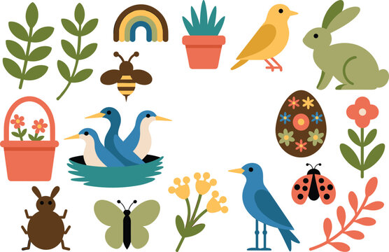 Cute spring nature vector set with birds, rabbit, insects, plants, flowers, rainbow and Easter decorative elements