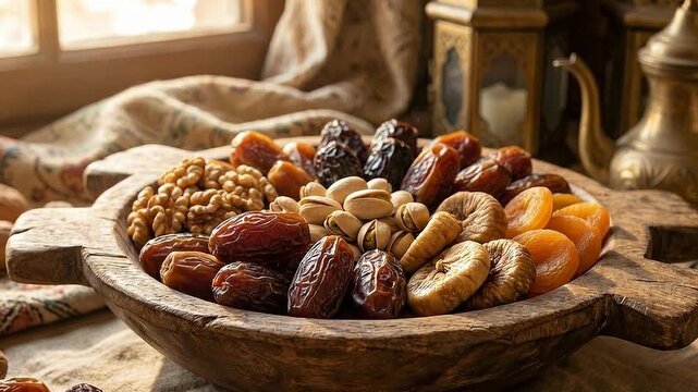 Assorted dried fruits and nuts in a wooden bowl on a rustic table with warm sunlight casting a gentle glow