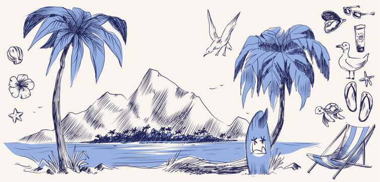 Vintage sketch beach illustration with palm trees, striped chairs and mountain. Vector illustration of Italian Amalfi coast summer paradise with retro hand drawn beach icons, surfboard and seashells