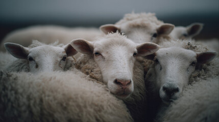 Fototapeta premium Group of sheep huddled closely together looking at the camera under soft overcast sky