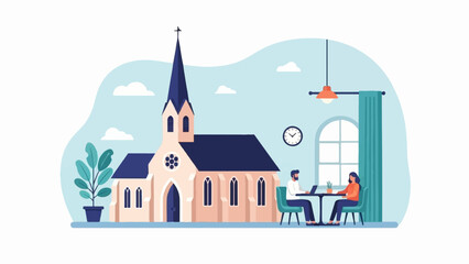 Fototapeta premium Two people collaborate on laptops in a cafe with a church in the background