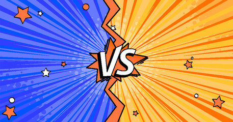 Dynamic comic book versus background with vibrant blue orange design. Abstract vector illustration, retro halftone explosion banner for battle scenes, super hero vs poster, frame for competitive game