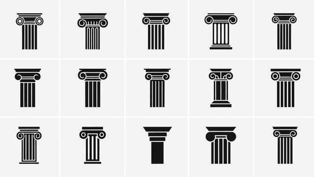 Set of Greek and Roman Column Icons: Doric, Ionic, Corinthian Styles