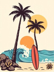 Hand drawn retro beach icons with palm trees, waves, surfboards and sun in muted tropical hues ,  doodle style,  surfboard art